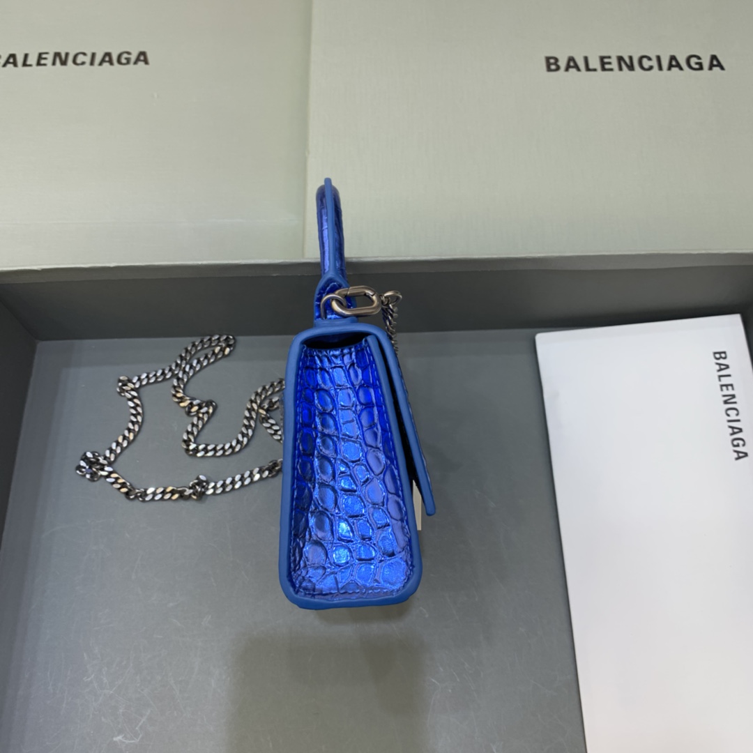 Balenciaga Hourglass Mini Handbag With Chain Crocodile Embossed Shoulder Bag Blue